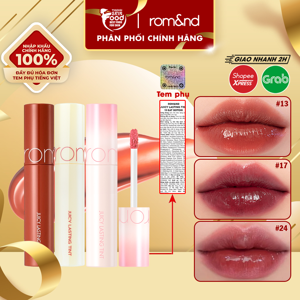 [NEW BARE] [31-33] Son Tint Bóng, Siêu Lì, Căng Mọng Hàn Quốc Romand Juicy Lasting Tint 5.5g (12 đỏ cherry, 13 nâu gạch)