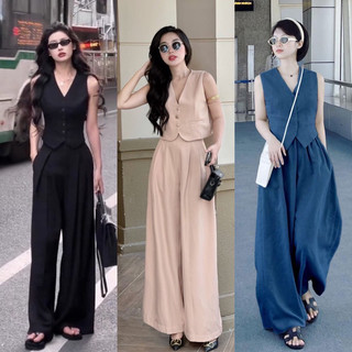 Set áo ghile jennie cổ v sát nách + quần suông culottes ống rộng đen nude