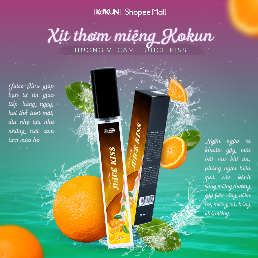 Xịt thơm miệng KOKUN 10ml 3 vị Đào, Bạc Hà, Cam hương trái cây ngọt ngào, the mát