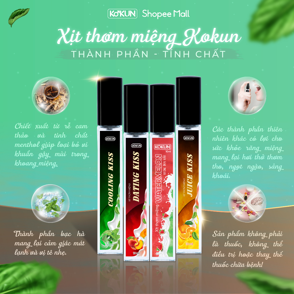 Xịt thơm miệng KOKUN 10ml 3 vị Đào, Bạc Hà, Cam hương trái cây ngọt ngào, the mát