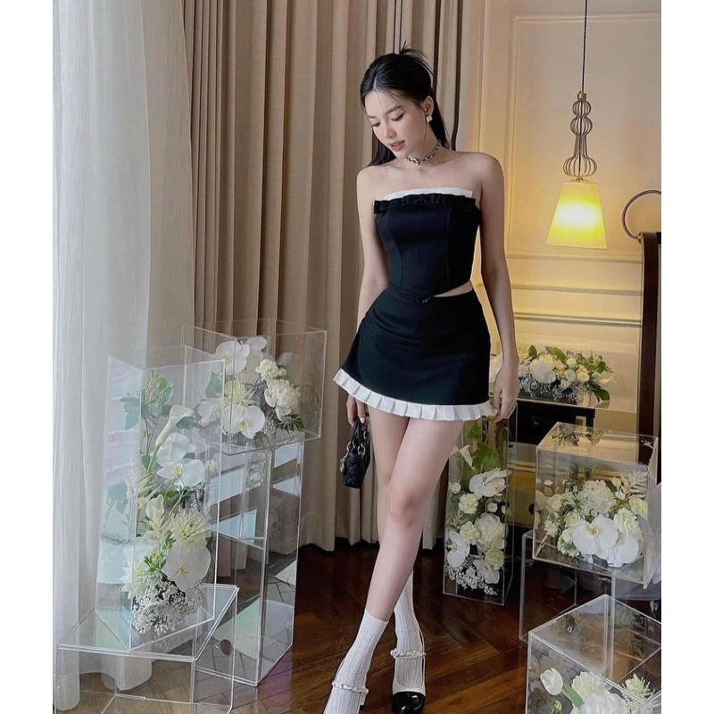 𝐃𝐈𝐀𝐍𝐀 𝐒𝐄𝐓 • SET ÁO CÚP NGỰC ĐÍNH NƠ KÈM CHÂN VÁY NGẮN MINI SKIRT CHỮ A XẾP LY ĐUÔI CÁ