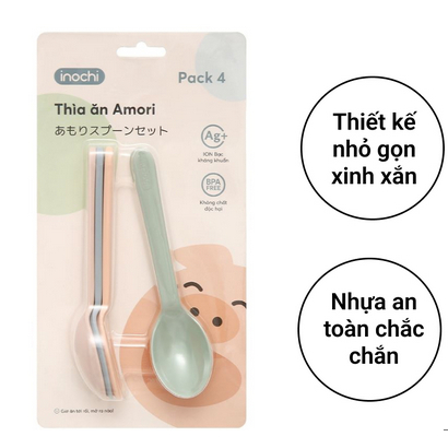 Bộ 4 Thìa Ăn Cho Bé Amori, Thìa Nhựa Cao Cấp Inochi Tiêu Chuẩn Nhật
