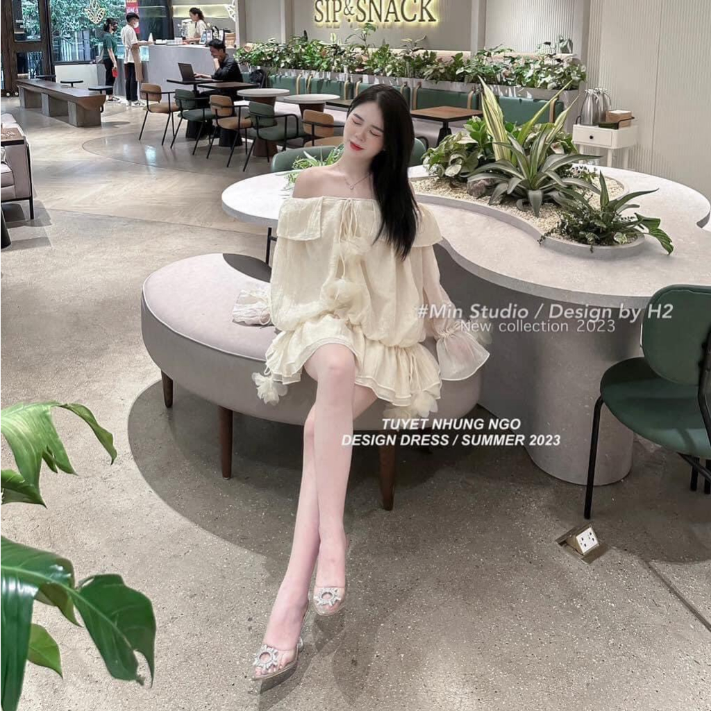 VÁY ÁO TƠ NHĂN TRỄ VAI ĐÍNH HOA HÀNG 2 LỚP QCCC - SET VÁY NỮ CÓ CHUN EO CHUN TAY TIỂU THƯ CHANH XẢ