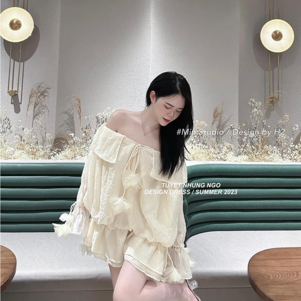 VÁY ÁO TƠ NHĂN TRỄ VAI ĐÍNH HOA HÀNG 2 LỚP QCCC - SET VÁY NỮ CÓ CHUN EO CHUN TAY TIỂU THƯ CHANH XẢ