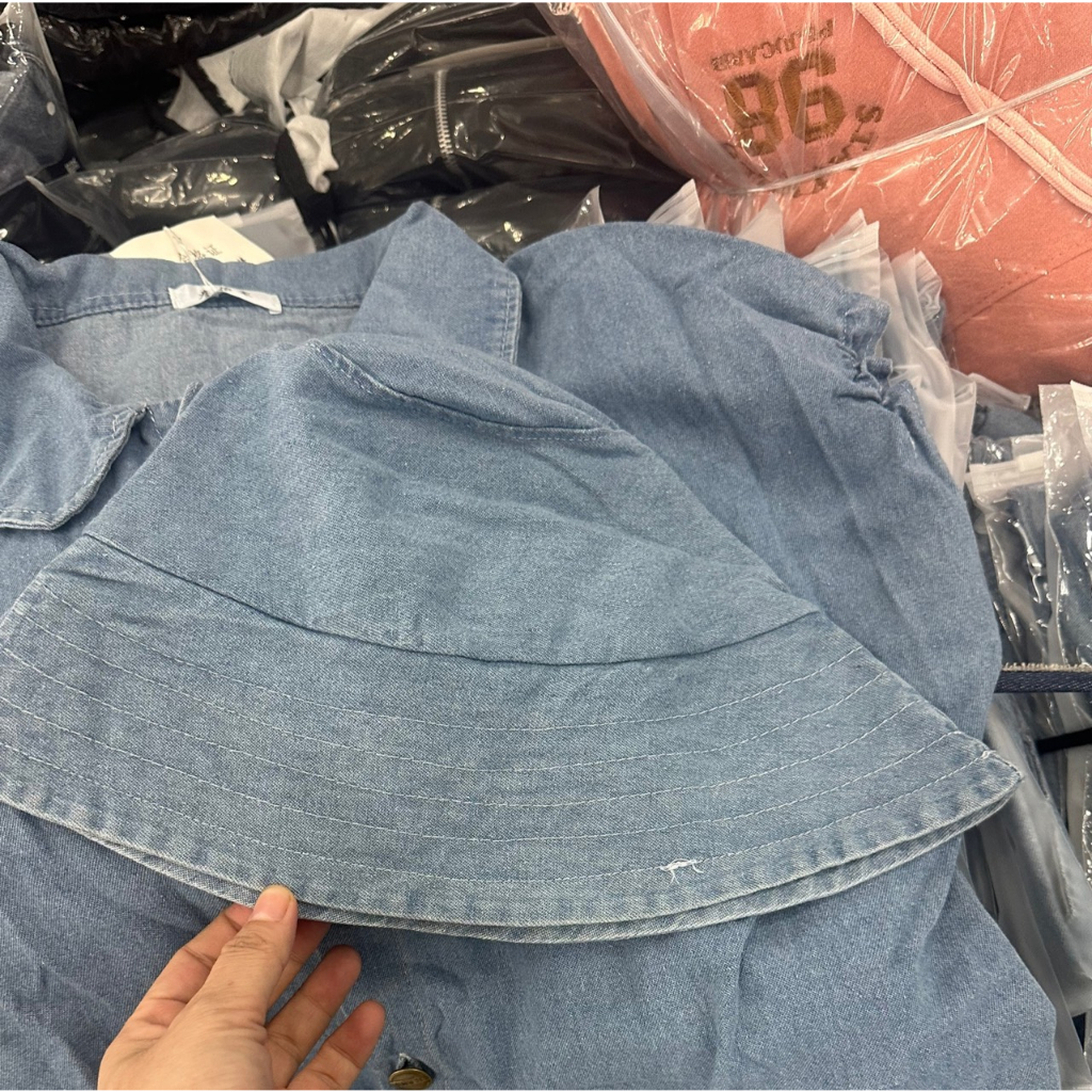 VÁY JEAN BÒ NỮ CỔ SEN TAY BÈO KÈM MŨ SIÊU XINH - VÁY JEAN MỀM BO EO XÒE NHẸ LÊN FORM XINH