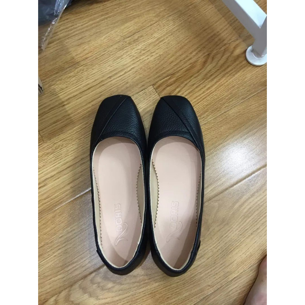 Giày đồng phục nữ nhà hàng khách sạn, Giày búp bê đế bệt da thật, mũi vuông