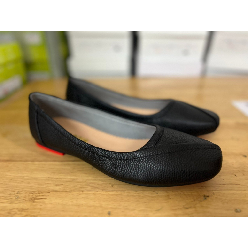 Giày đồng phục nữ nhà hàng khách sạn, Giày búp bê đế bệt da thật, mũi vuông