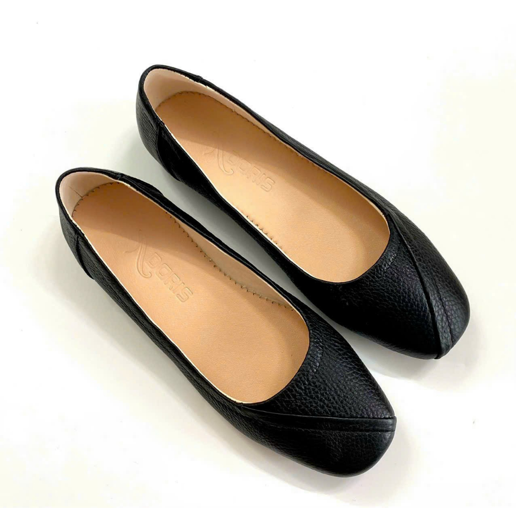 Giày đồng phục nữ nhà hàng khách sạn, Giày búp bê đế bệt da thật, mũi vuông