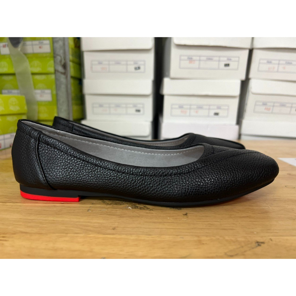 Giày đồng phục nữ nhà hàng khách sạn, Giày búp bê đế bệt da thật, mũi vuông