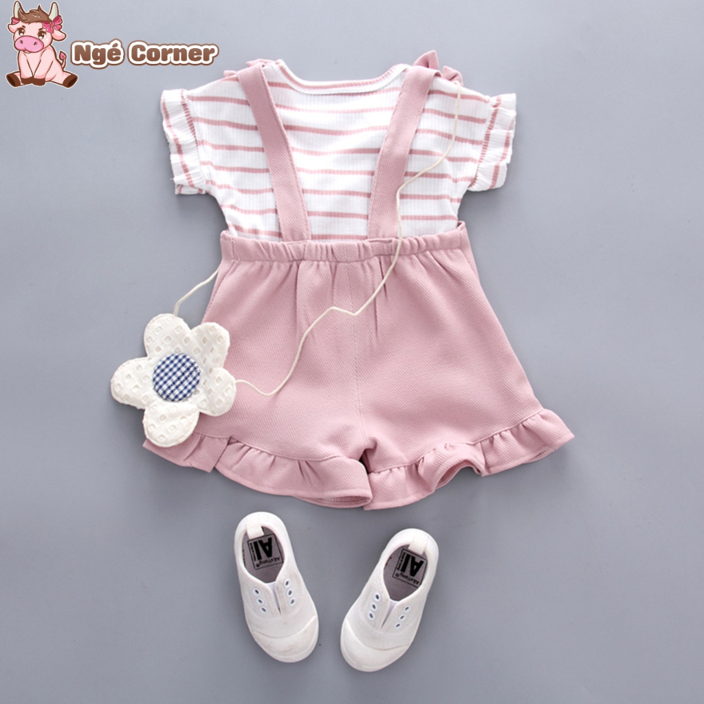 Set Yếm Thun Công Chúa Kẻ Ngang Cho Bé Gái Cực Đáng Yêu, Bộ Yếm Ngắn Tay Cho Bé