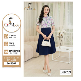 Đầm công sở CITI MODE FASHION thiết kế dáng xoè hoa tím cổ cách điệu phối chân váy 1 màu DH4209