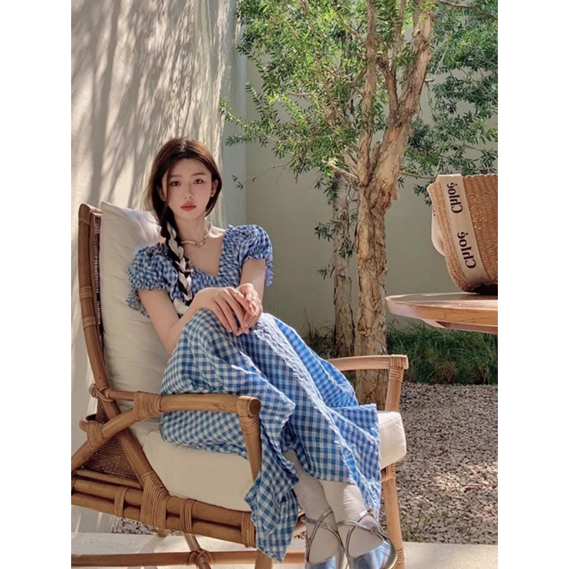 Đầm caro cổ V Hàn Quốc