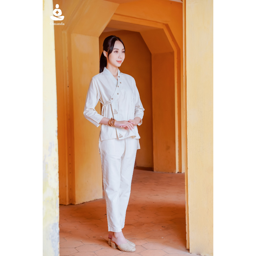 Pháp Phục Đi Chùa Set Trang Phục Linen Nữ Màu Be Thân Lệch Buộc Dây - Bộ Ưu Đàm Omanda
