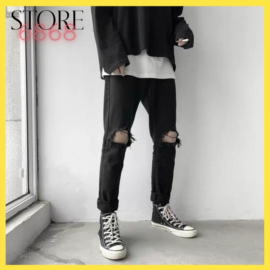 Quần jean nam rách gối màu xanh chất liệu bò cao cấp,Quần jean nam rách khóa gối co dãn 4 chiều form skinny_store6868