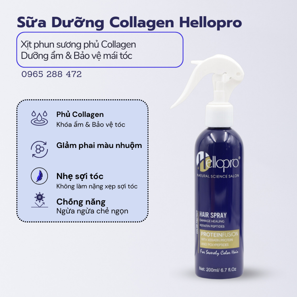 Sữa Dưỡng Collagen Hellopro Khóa Ẩm, Chống Nắng, Bảo Vệ Tóc & Ngăn Ngừa Chẻ Ngọn, Đứt Gãy Sợi Tóc