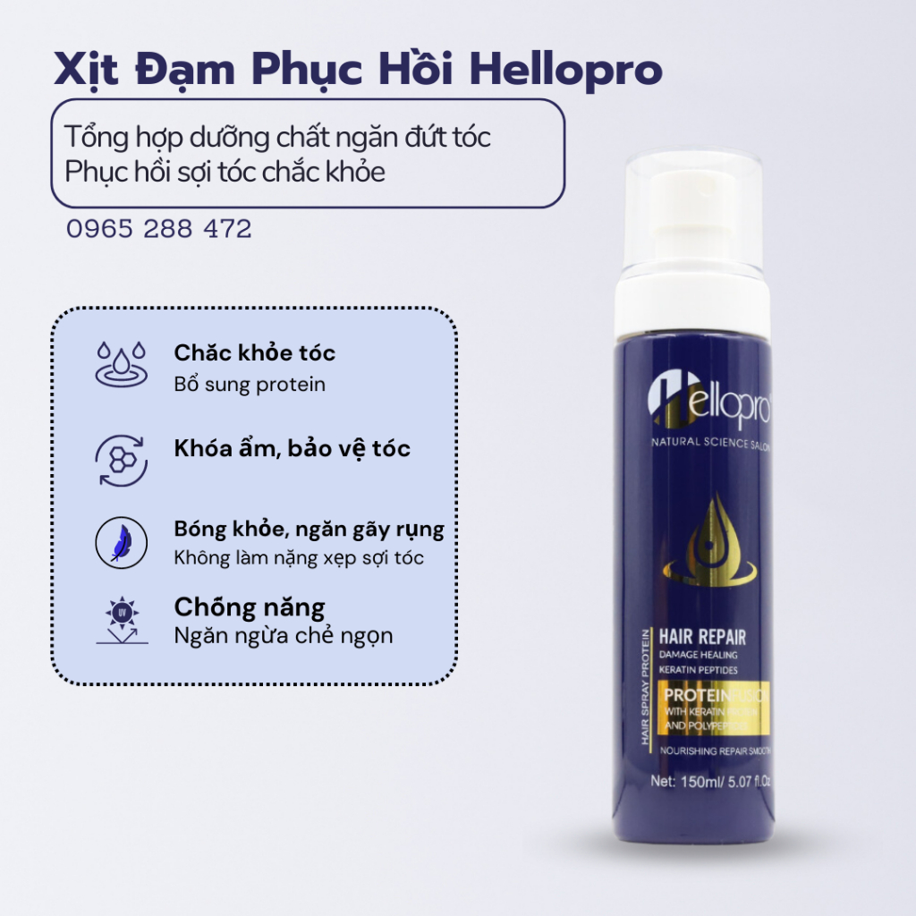Xịt Đạm Bảo Vệ Tóc Chắc Khỏe Hellopro 150ml Chống Nắng, Bảo Vệ và Phục Hồi Hư Tổn