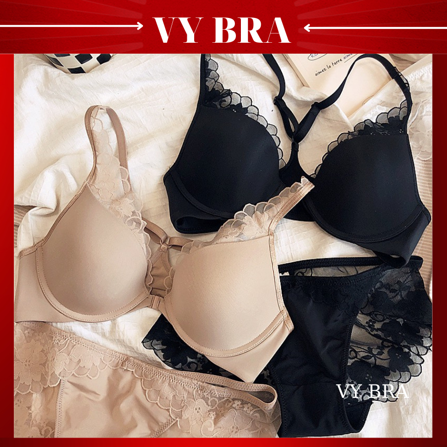 Bộ đồ lót cotton phối ren, có gọng, đệm mỏng móc cài trước chống lộ viền ren sexy - mã 1105
