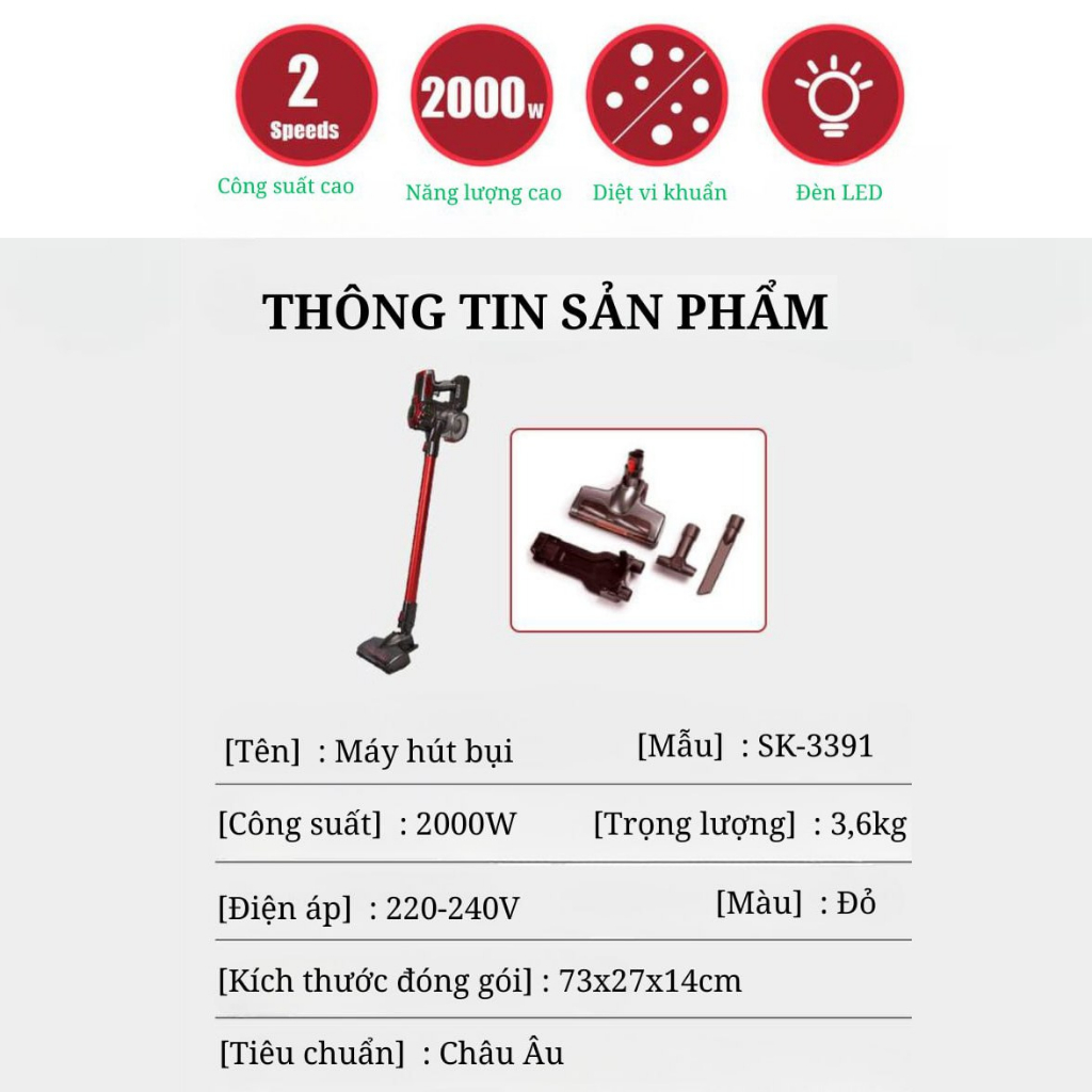 Máy hút bụi cầm tay KHÔNG DÂY SẠC PIN SK3391 công suất 200W SOKANY, hút bụi gia đình, hút bụi giường nệm, sofa, xe hơi