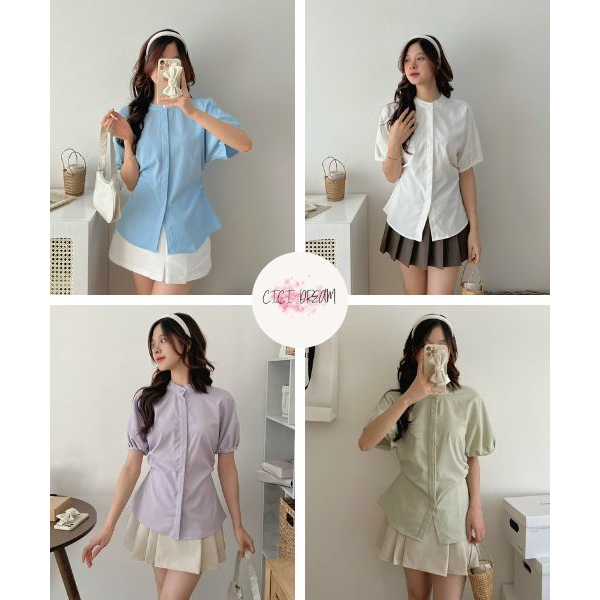 Áo sơ mi nữ cổ tàu tay bồng có dây buộc sau tôn dáng
