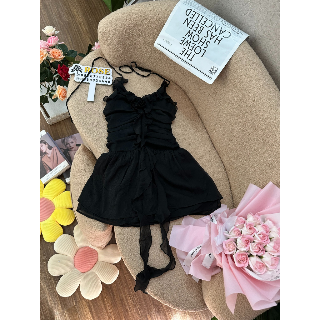 Đầm Ngắn Hai Dây Bèo T97 Tua Rua Kèm Hoa Chéo Eo Gợi Cảm Thời Trang Xuân Hè