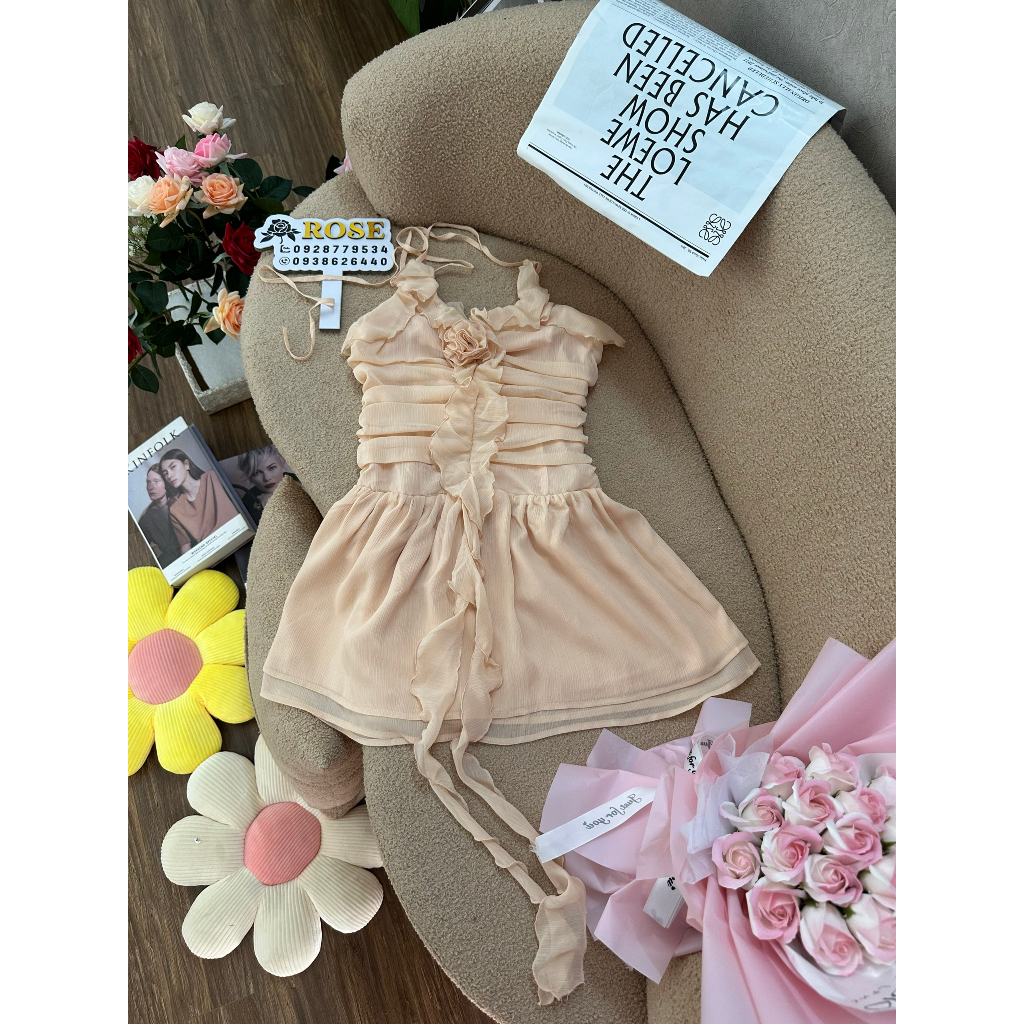 Đầm Ngắn Hai Dây Bèo T97 Tua Rua Kèm Hoa Chéo Eo Gợi Cảm Thời Trang Xuân Hè