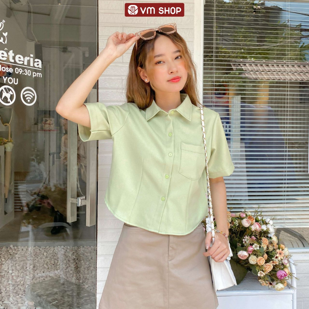 Áo sơ mi nữ VM Shop form croptop trơn tay ngắn cổ bẻ có túi thời trang C07 SMU00150