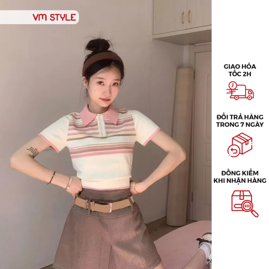 Áo len nữ VMSTYLE croptop tay ngắn cổ bẻ phối màu pastel dễ thương đi học, đi chơi thời trang thu đông 15133 - ALU00244