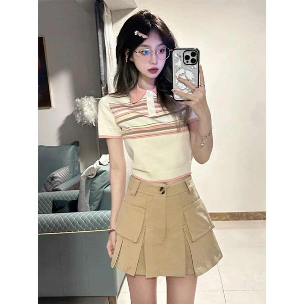 Áo len nữ VMSTYLE croptop tay ngắn cổ bẻ phối màu pastel dễ thương đi học, đi chơi thời trang thu đông 15133 - ALU00244