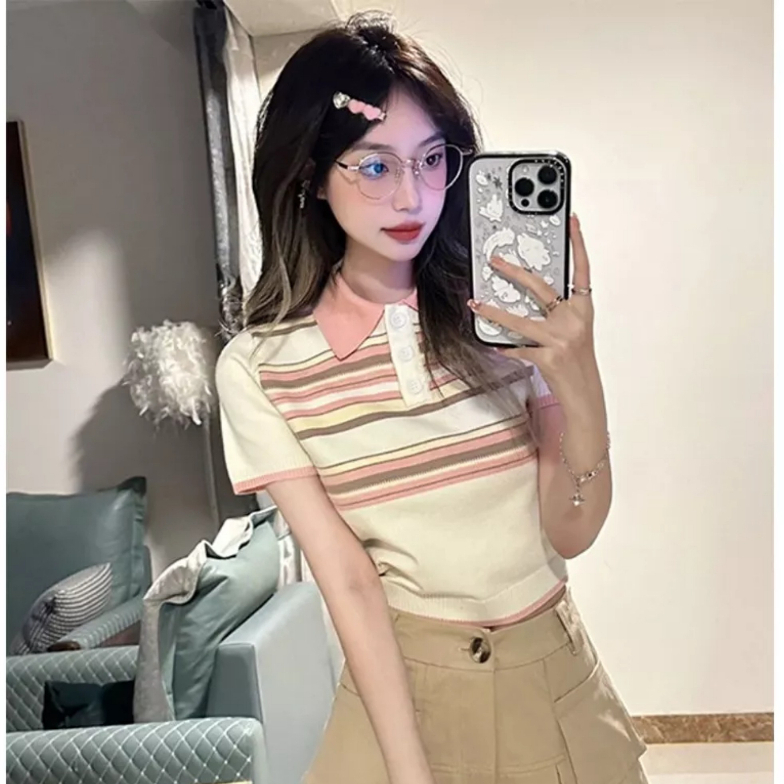 Áo len nữ VMSTYLE croptop tay ngắn cổ bẻ phối màu pastel dễ thương đi học, đi chơi thời trang thu đông 15133 - ALU00244