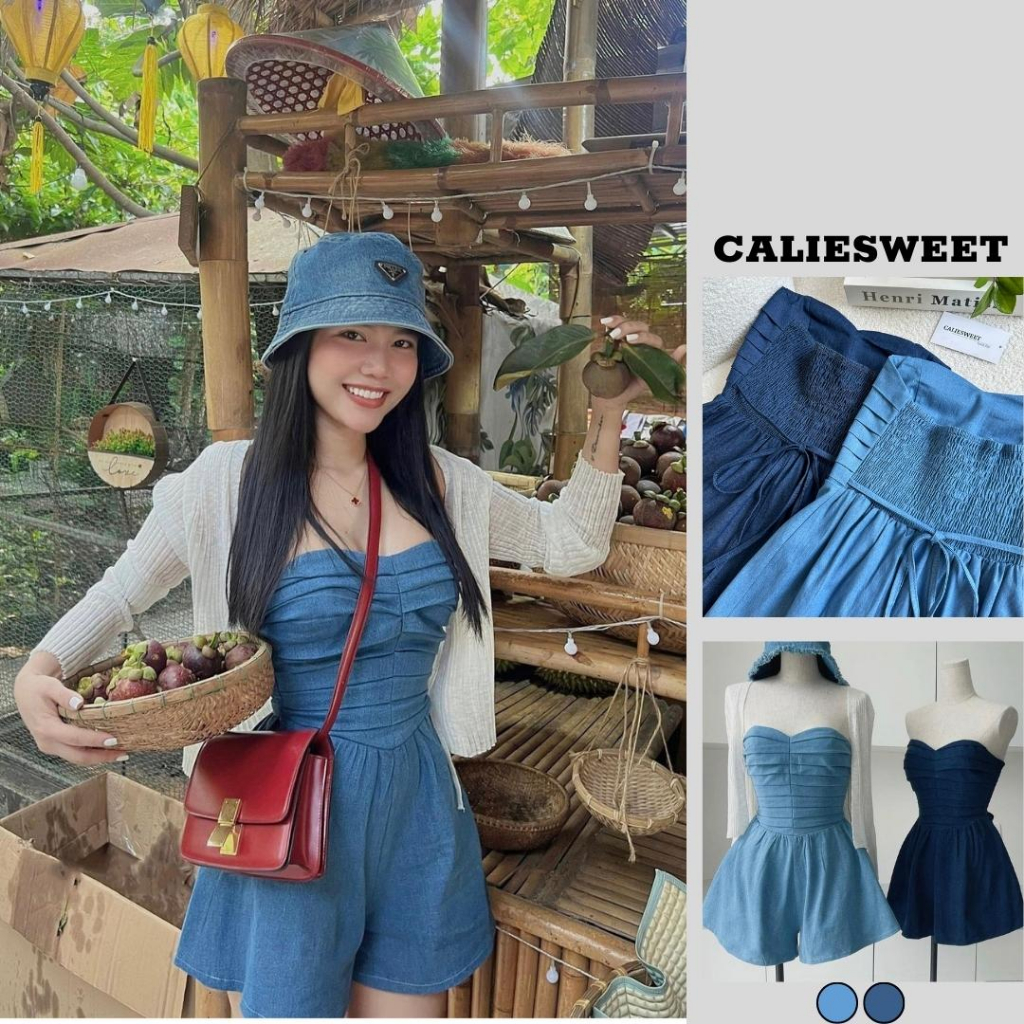 Set jumpsuit nữ Caliesweet set jumpsuit denim bo chun sau cá tính phong cách năng động CLS0030S