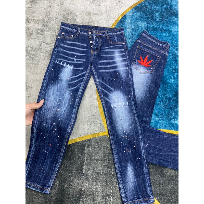 Quần Jeans DSQ Xanh Thêu Lá Phong Xanh Và Đỏ Nam Chất Liệu Dehim Họa Tiêt Thêu Vẩy Sơn Xước Nhẹ Cực Chất