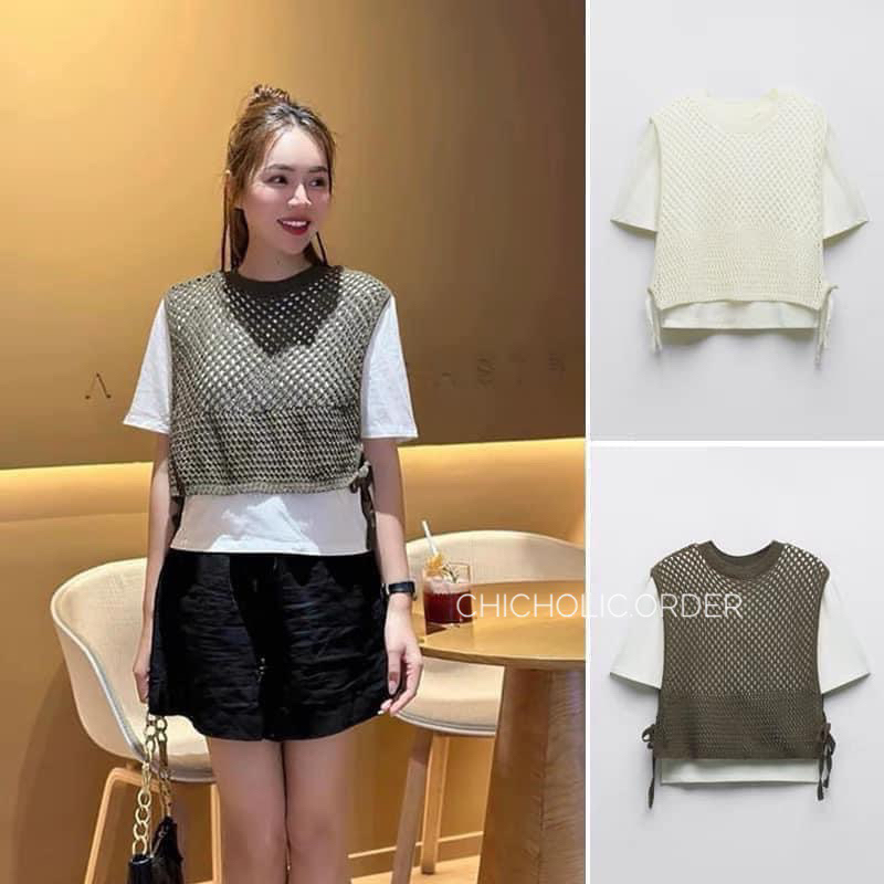 Áo gile lưới mix áo thun trắng hàng zara xuất cho nữ 2023
