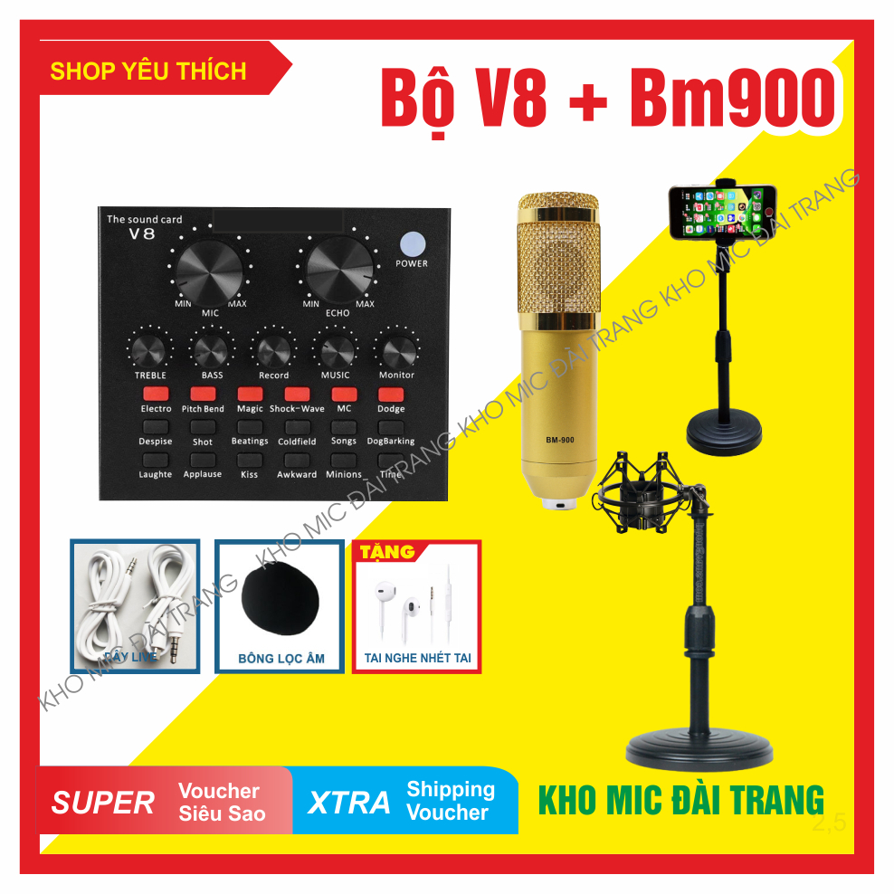 Bộ mic hát livestream V8 kèm Waichang BM900, chân kẹp màng lọc tặng kèm giá đỡ mic