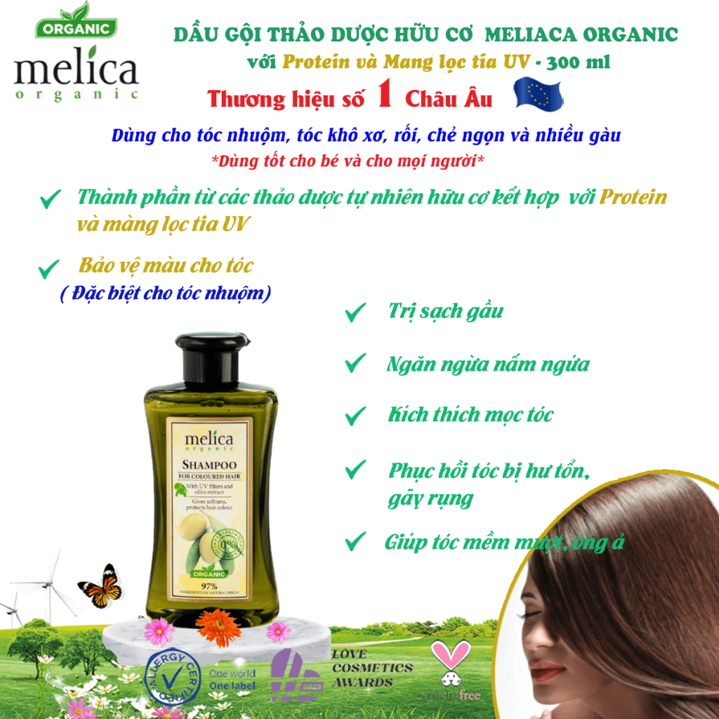 Dầu gội thảo dược hữu cơ Melica 300ml,với màng lọc tia UV và Protein thủy phân giúp sạch gầu,hết nấm ngứa,tóc bóng mượt