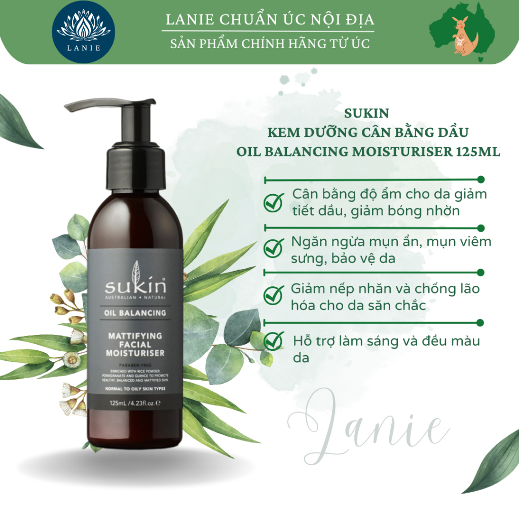 [Date Mới T7.2024] Chính hãng Kem dưỡng ẩm kiềm dầu Sukin Oil Balancing Mattifying Facial Moisturiser 125ml