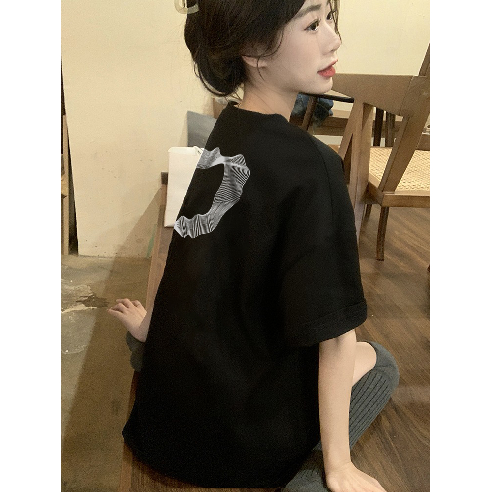 Đen fashion cổ tròn áo phông nữ retro basic bigsize levents 100%cotton-FOCUS
