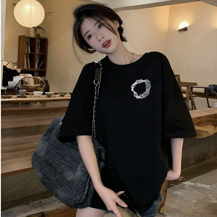 Đen fashion cổ tròn áo phông nữ retro basic bigsize levents 100%cotton-FOCUS