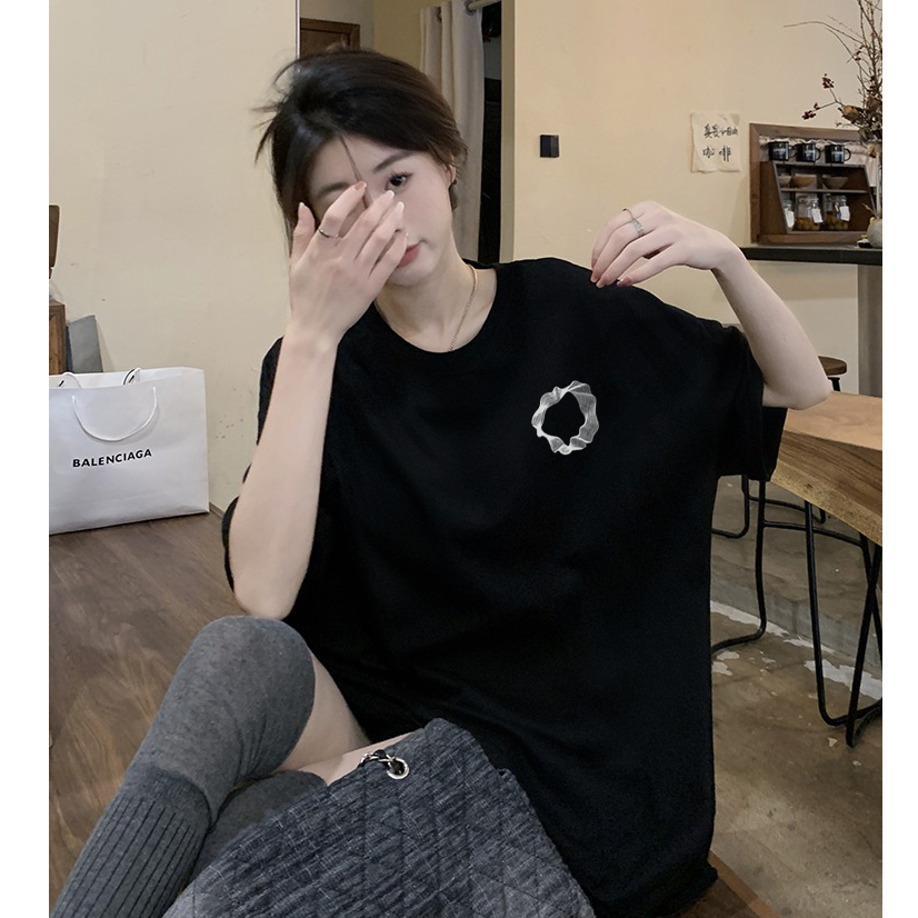 Đen fashion cổ tròn áo phông nữ retro basic bigsize levents 100%cotton-FOCUS