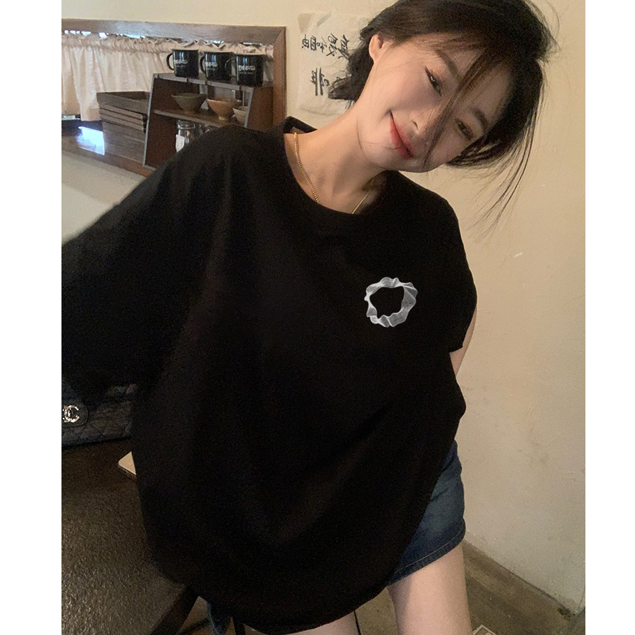 Đen fashion cổ tròn áo phông nữ retro basic bigsize levents 100%cotton-FOCUS