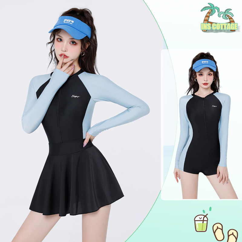 【INS】Đồ bơi bikini nữ váy 2 mảnh đi biển mặc được 2 kiểu thời trang năng động Bikini liền mảnh khóa dài tay