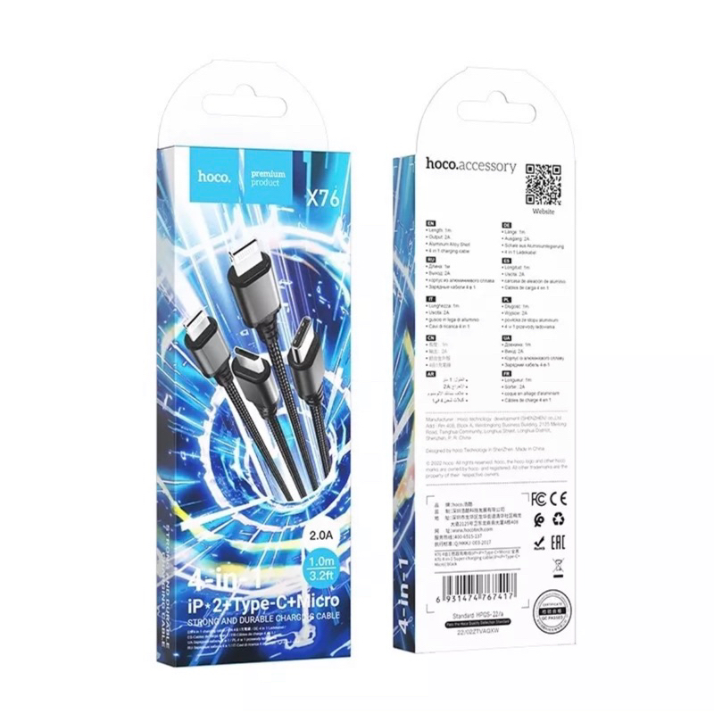 Dây Cáp Sạc Nhanh HOCO X76 4 In 1 Cho iP- Android Micro USB -Type C