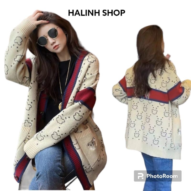 Áo Len Nữ Cardigan Gấu Thêu Phối Viền Đỏ 2 Túi Size M L- Halinh Shop - Áo Len Nữ Form Rộng Bo Gấu Hàng Quảng Châu Loại 1