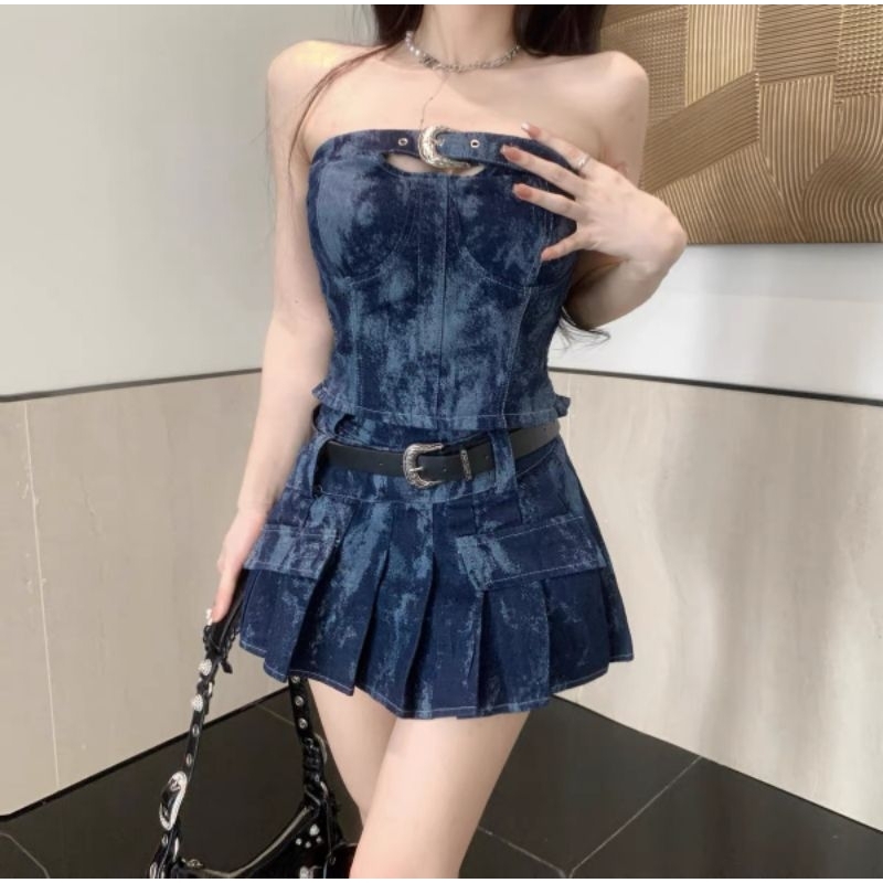 Sét Jean Nữ Áo Quây Cúp Ngực Kèm Chân Váy Loang Túi Hộp Mix Đai Da Size-Halinh Shop-Sét Quây Loang Hàng Quảng Châu Loại1