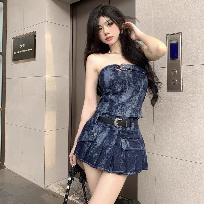 Sét Jean Nữ Áo Quây Cúp Ngực Kèm Chân Váy Loang Túi Hộp Mix Đai Da Size-Halinh Shop-Sét Quây Loang Hàng Quảng Châu Loại1