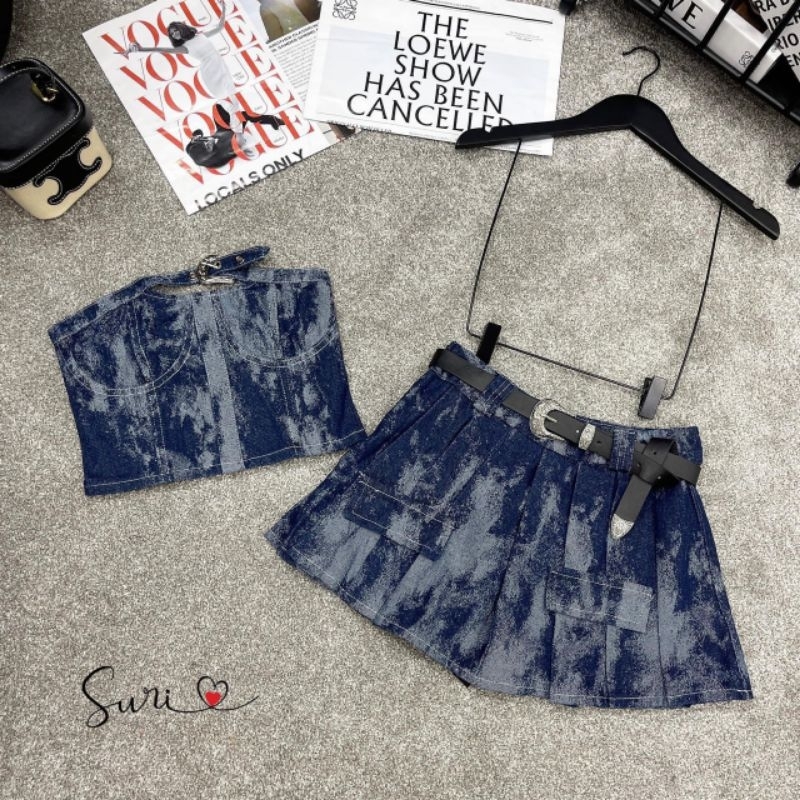 Sét Jean Nữ Áo Quây Cúp Ngực Kèm Chân Váy Loang Túi Hộp Mix Đai Da Size-Halinh Shop-Sét Quây Loang Hàng Quảng Châu Loại1