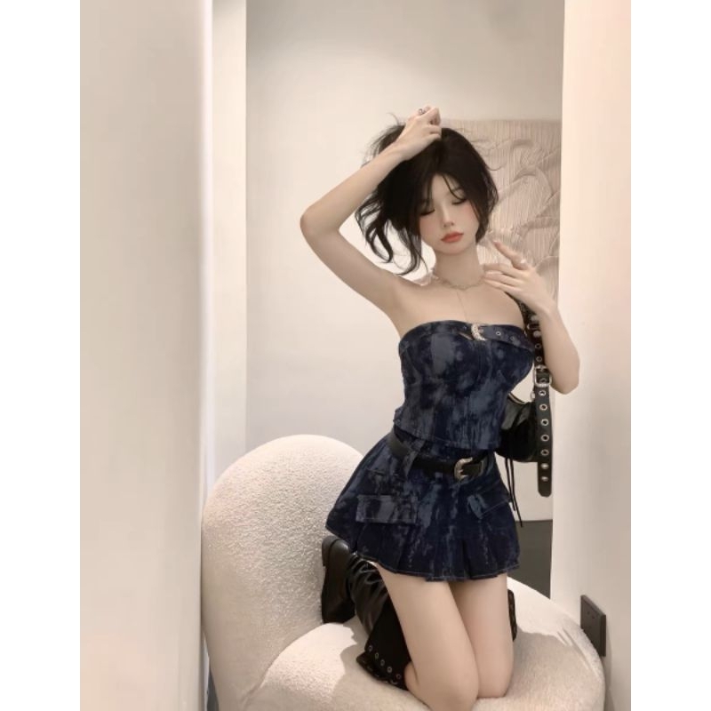 Sét Jean Nữ Áo Quây Cúp Ngực Kèm Chân Váy Loang Túi Hộp Mix Đai Da Size-Halinh Shop-Sét Quây Loang Hàng Quảng Châu Loại1