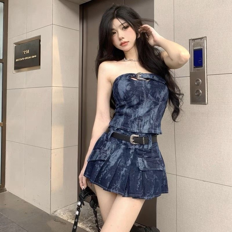 Sét Jean Nữ Áo Quây Cúp Ngực Kèm Chân Váy Loang Túi Hộp Mix Đai Da Size-Halinh Shop-Sét Quây Loang Hàng Quảng Châu Loại1