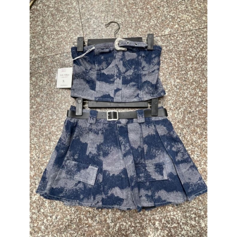 Sét Jean Nữ Áo Quây Cúp Ngực Kèm Chân Váy Loang Túi Hộp Mix Đai Da Size-Halinh Shop-Sét Quây Loang Hàng Quảng Châu Loại1