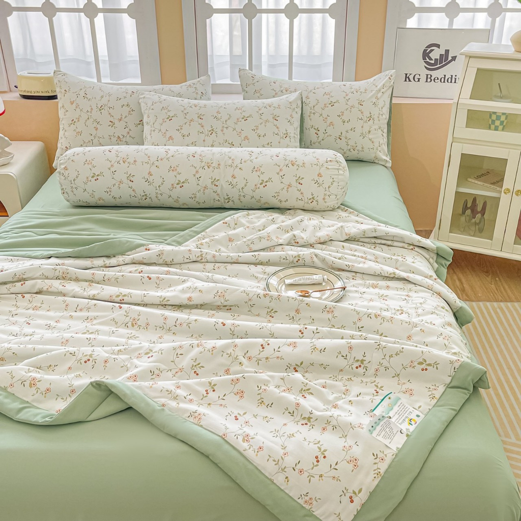Bộ Chăn Ga Cotton Đũi Kẻ Chăn Chần Vintage - Chất Liệu Cotton Đũi Mềm Mịn , Full Set 5 Món Vỏ Gôí Ôm May Khóa Kéo