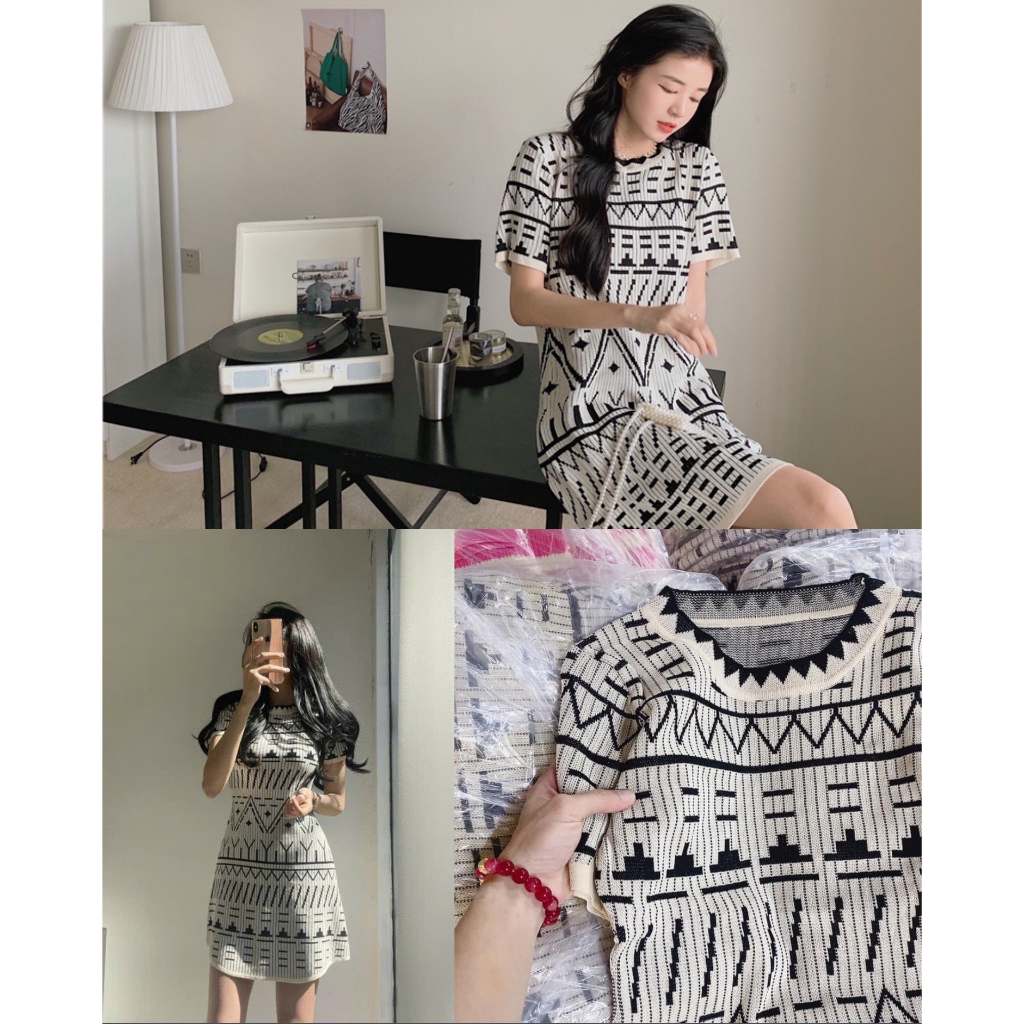 Đầm len nữ mongtoghi thổ cẩm Quảng Châu,váy body hoạ tiết ngắn tay